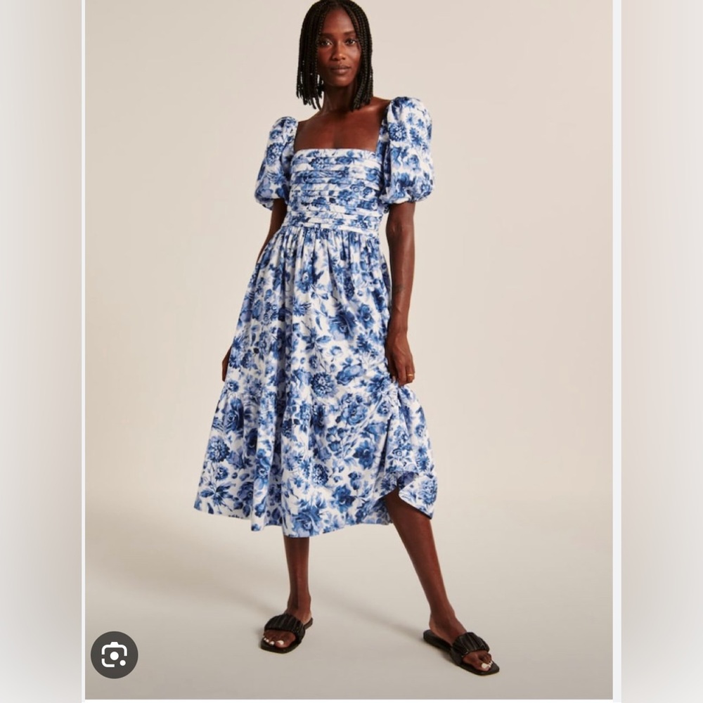 Abercrombie Ruched Puff Sleeve Poplin Dress | Blue Floral